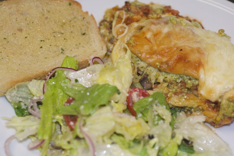 SHE Lasagna, House Salad, and SHE Bread