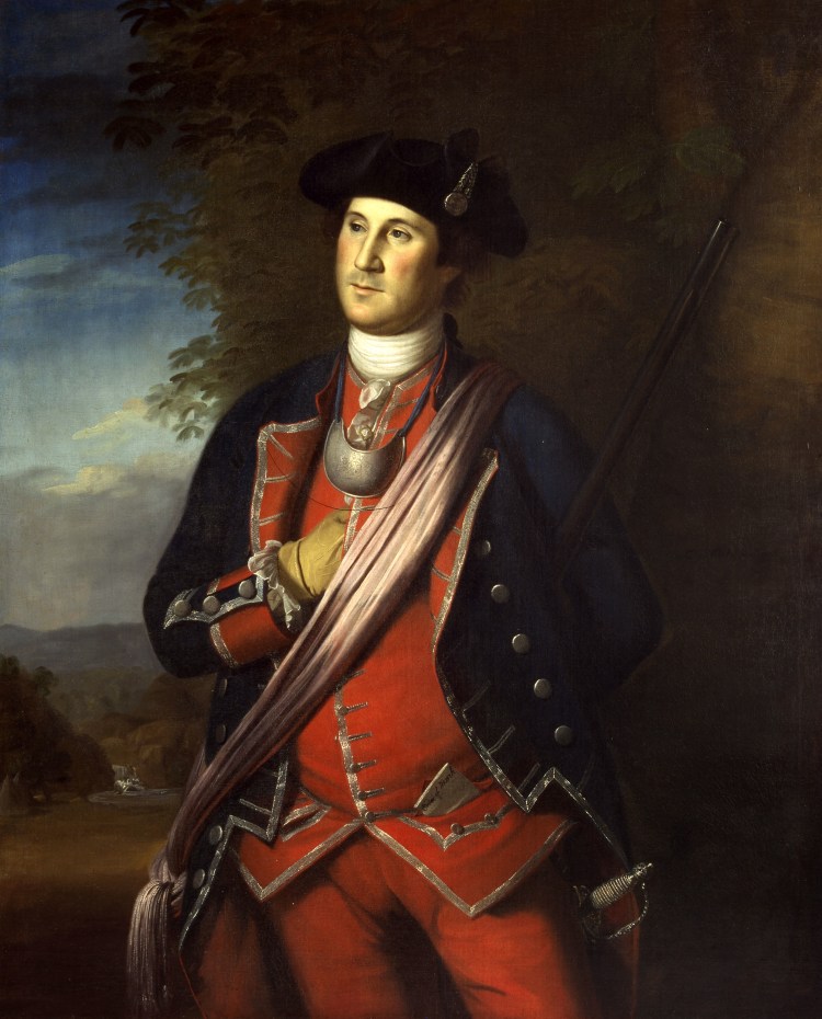 Old George looking dashing during the French and Indian War in a portrait by Charles Wilson Peale. He's reaching into his jacket for a hoe cake (or maybe some of Martha's Whiskey Cake).
