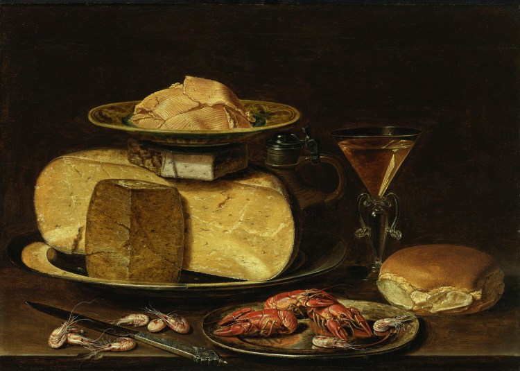 clara_peeters_-_cheesestack_with_knife_shrimp_crawfish_glass_of_wine_and_bread